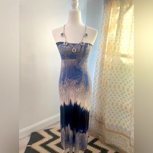B_envied small strapless maxi dress blue gray white resist patterning bohemian